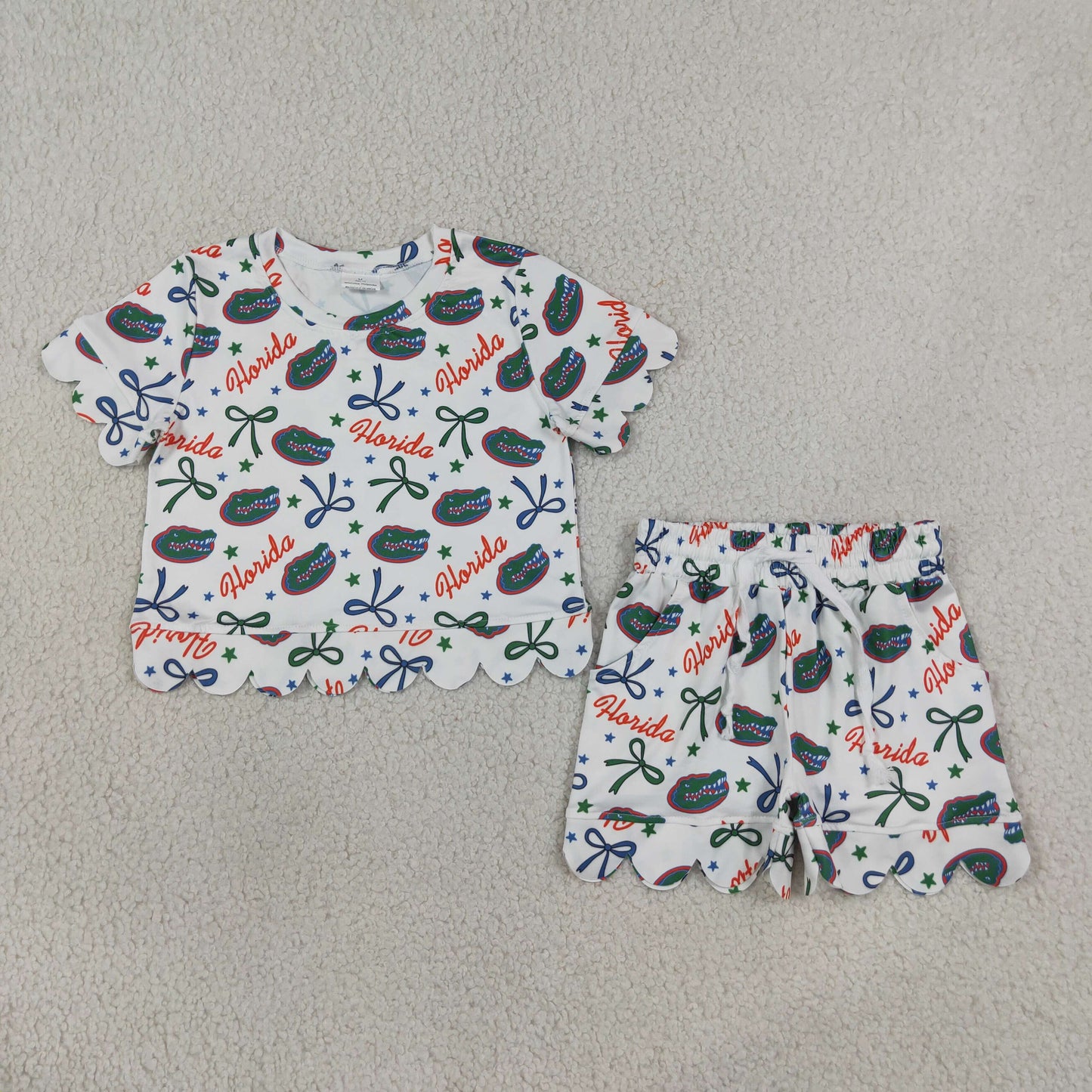 Sibling Baby Girls Bows Team Top Pockets Short Scallop Clothes Sets