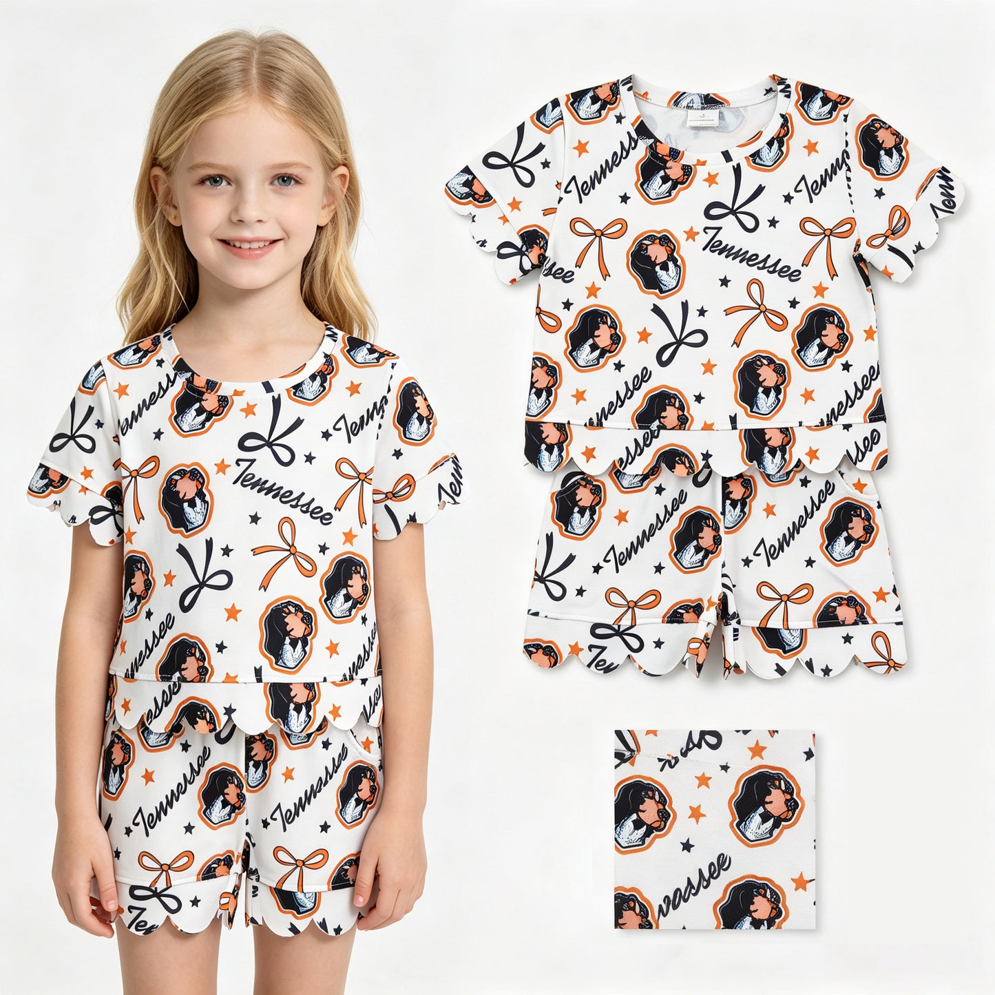 Baby Girls Bows Tennessee Top Pockets Shorts Team Scallop Clothes Sets