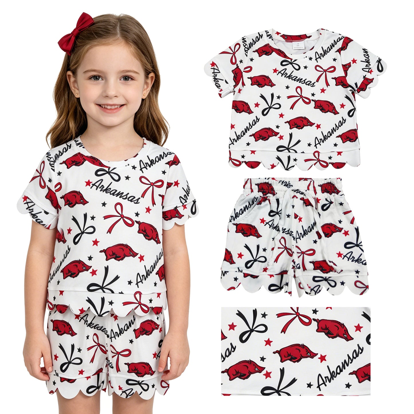 Baby Girls Star Bows Arkansas Top Pockets Shorts Team Scallop Clothes Sets