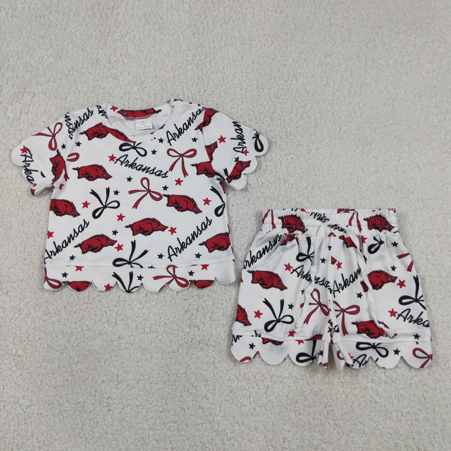 Baby Girls Star Bows Arkansas Top Pockets Shorts Team Scallop Clothes Sets