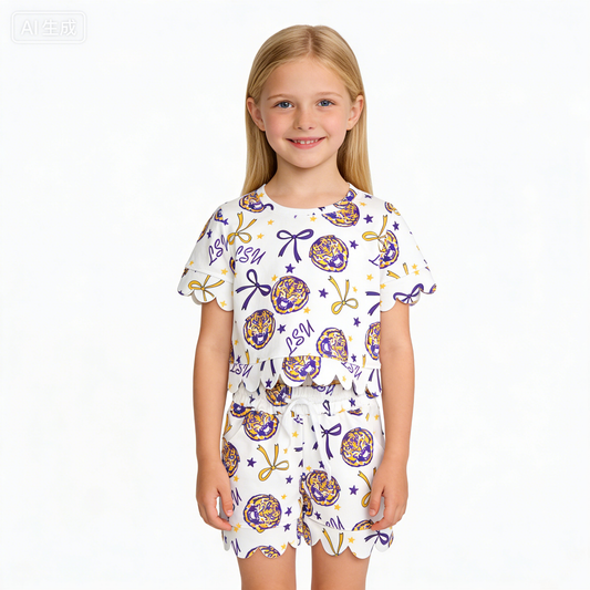 Baby Girls Bows LSU Tigers Top Shorts Team Scallop Clothes Sets