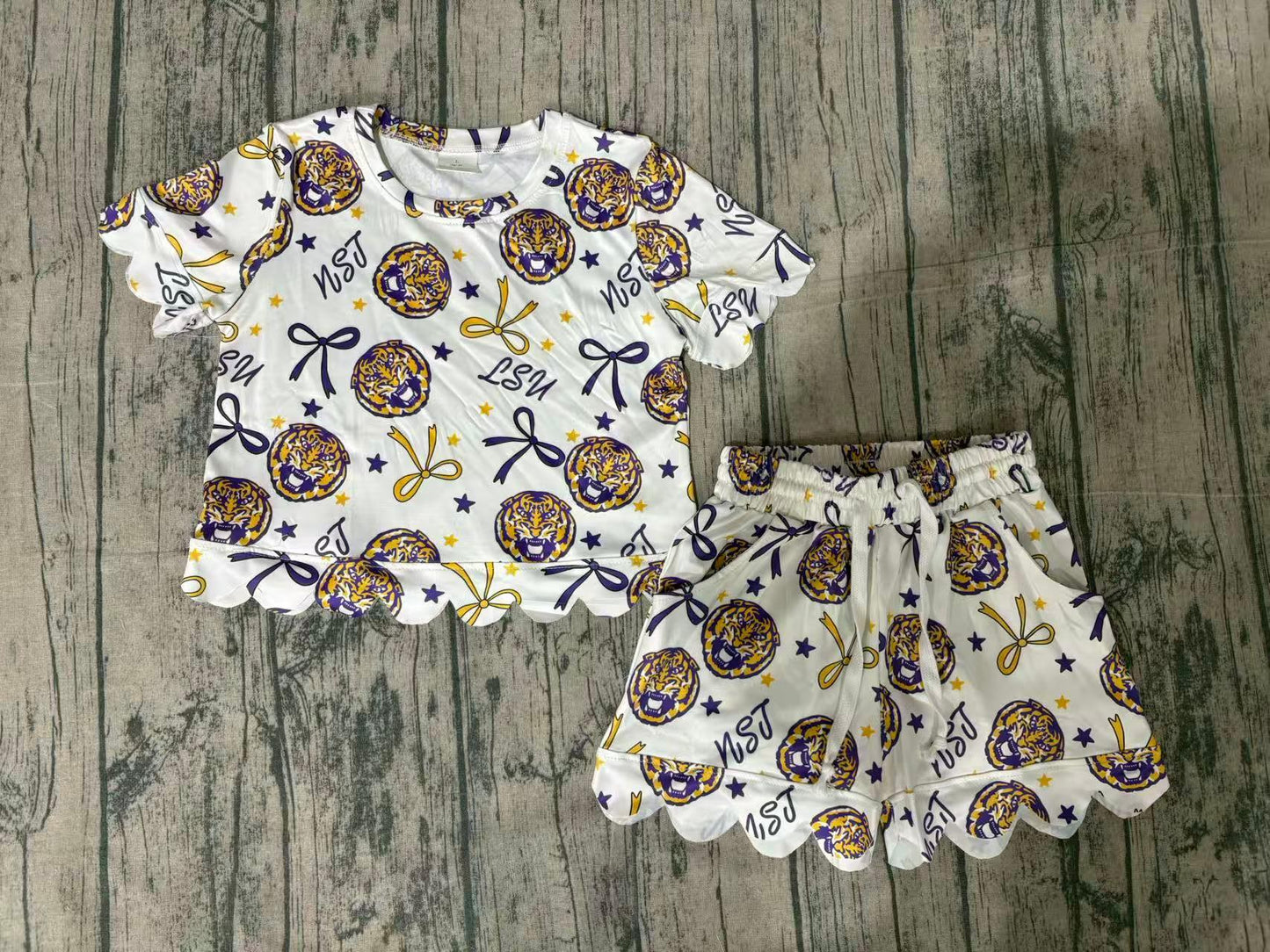 Baby Girls Bows LSU Tigers Top Shorts Team Scallop Clothes Sets