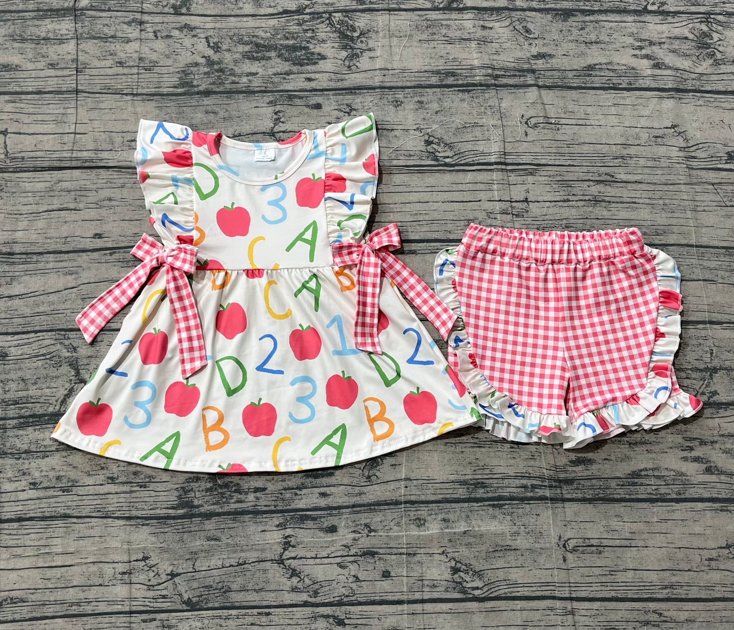 Baby Girls Apples ABC Tunic Checked Ruffle Shorts Back to School Sets