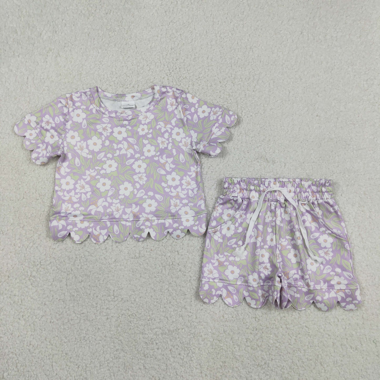 Baby Girls Short Sleeve Colorful Flowers Top Pockets Shorts Scallop Sets
