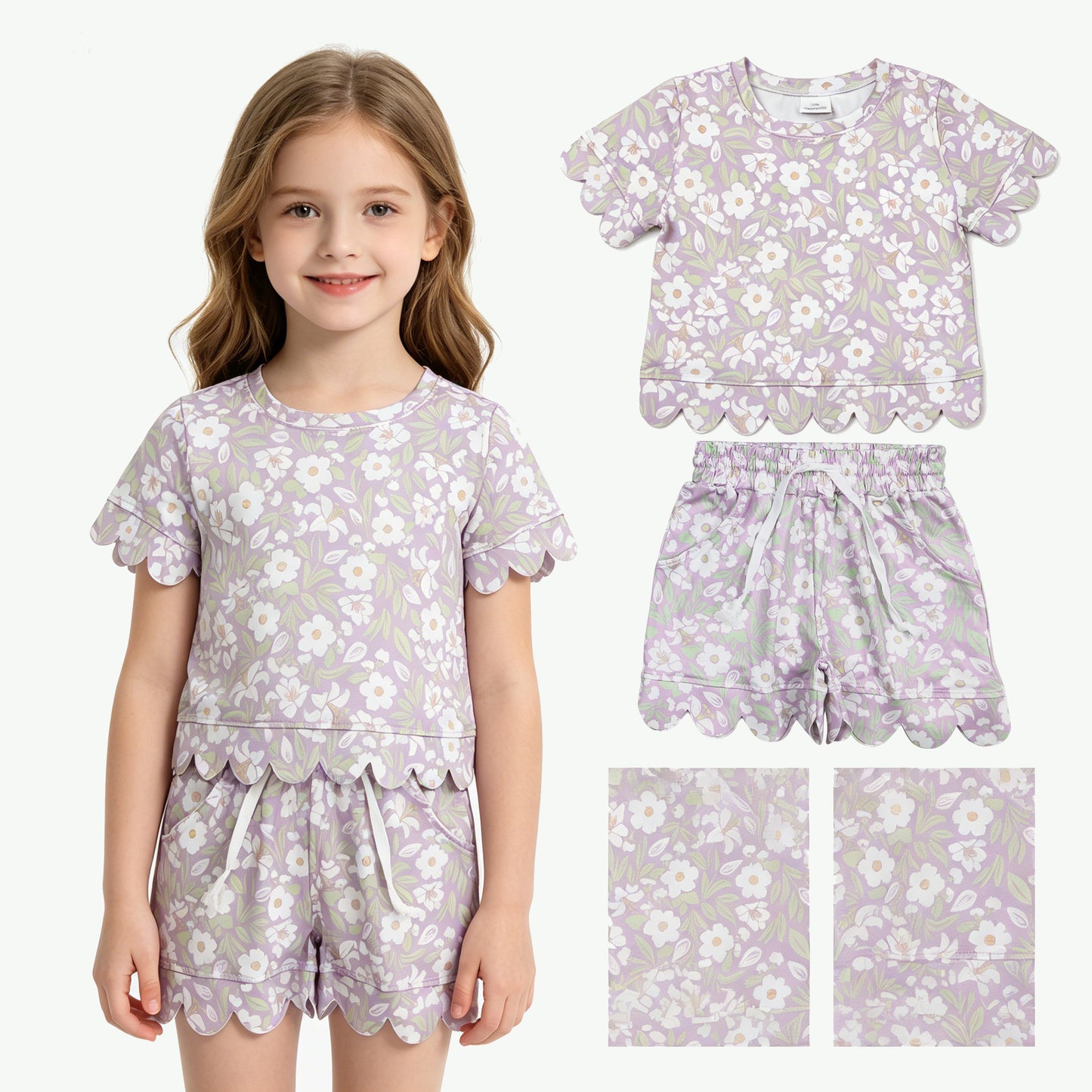 Baby Girls Short Sleeve Colorful Flowers Top Pockets Shorts Scallop Sets
