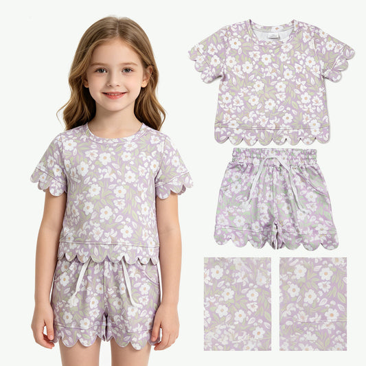 Baby Girls Short Sleeve Colorful Flowers Top Pockets Shorts Scallop Sets