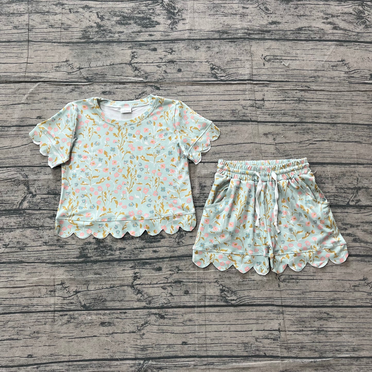 Baby Girls Short Sleeve Colorful Flowers Top Pockets Shorts Scallop Clothes Sets