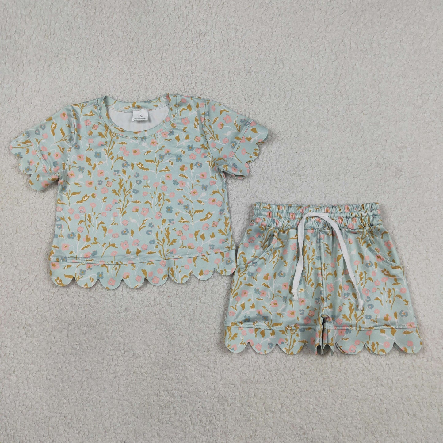 Sibling Baby Girls Colorful Flowers Top Pockets Shorts Scallop Clothes Sets