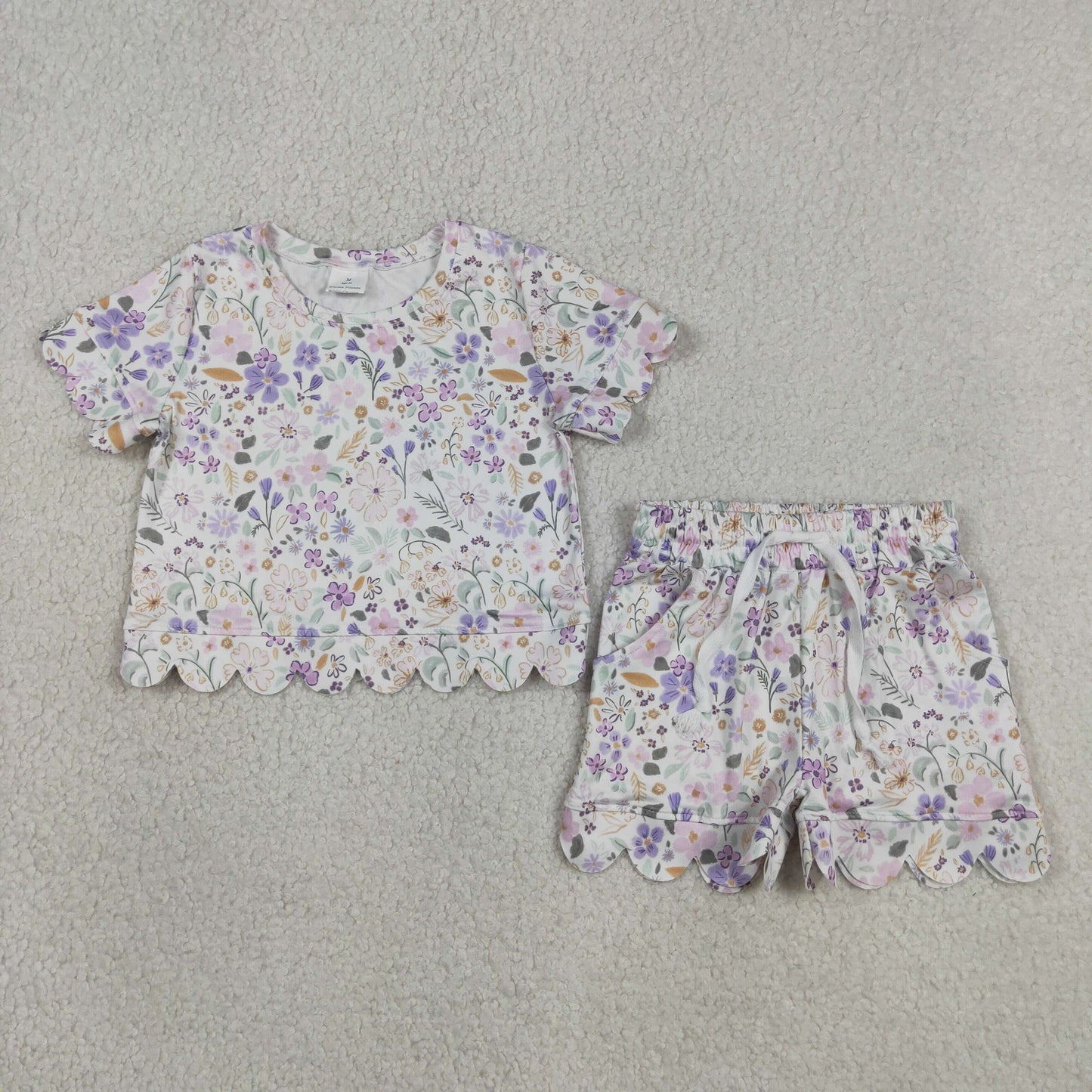 Sibling Baby Girls Colorful Flowers Top Pockets Shorts Scallop Clothes Sets