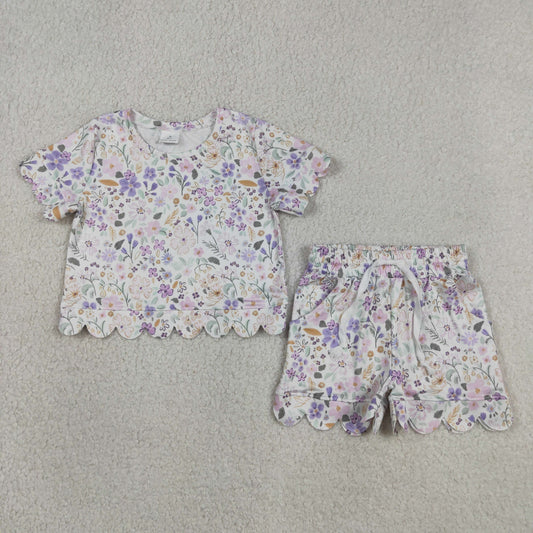 Baby Girls Short Sleeve Colorful Flowers Top Pockets Shorts Scallop Clothes Sets
