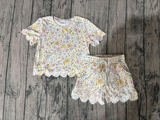 Baby Girls Short Sleeve Colorful Flowers Top Shorts Scallop Clothes Sets