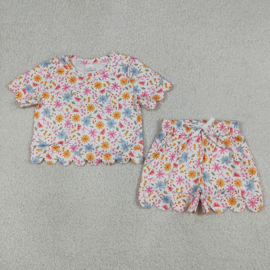 Sibling Baby Girls Colorful Flowers Top Pockets Shorts Scallop Clothes Sets