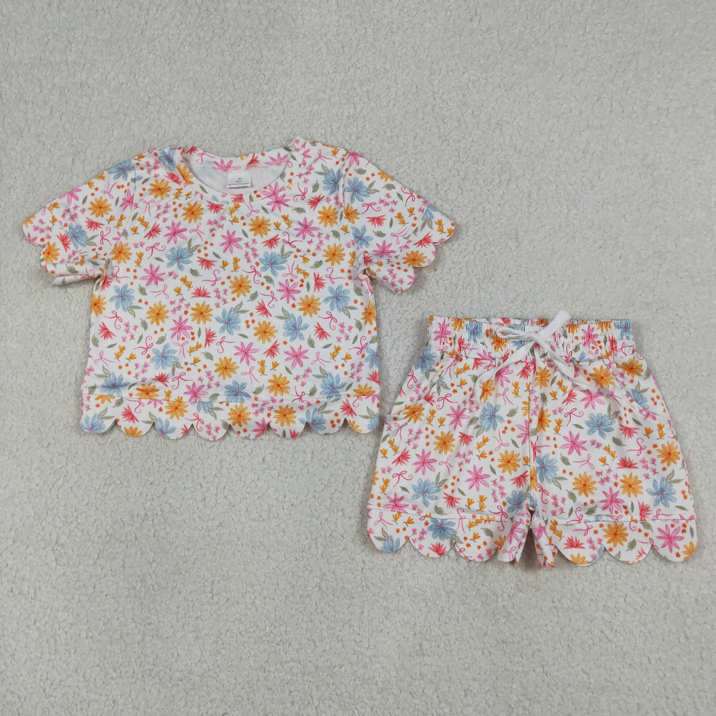 Baby Girls Short Sleeve Colorful Flowers Top Scallop Shorts Clothes Sets