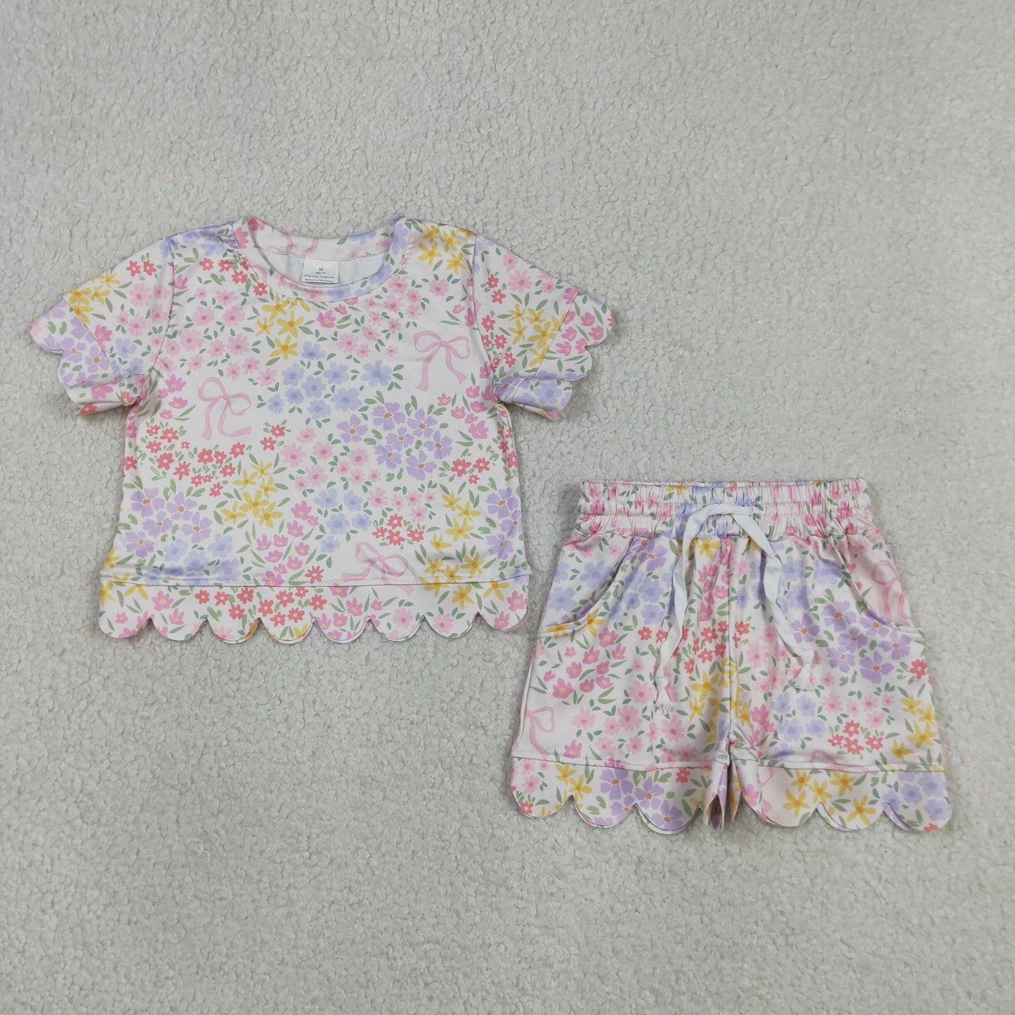 Baby Girls Colorful Flowers Bows Top Pockets Shorts Scallop Clothes Sets