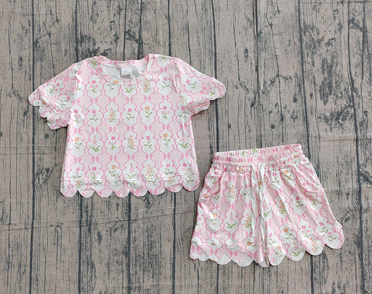 Baby Girls Colorful Flowers Checked Top Shorts Scallop Clothes Sets