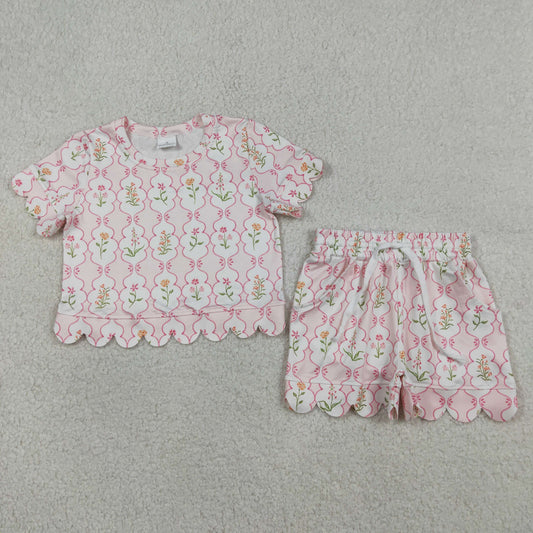Baby Girls Colorful Flowers Checked Top Shorts Scallop Clothes Sets