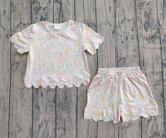 Baby Girls Short Sleeve Colorful Small Flowers Top Scallop Shorts Clothes Sets Preorder