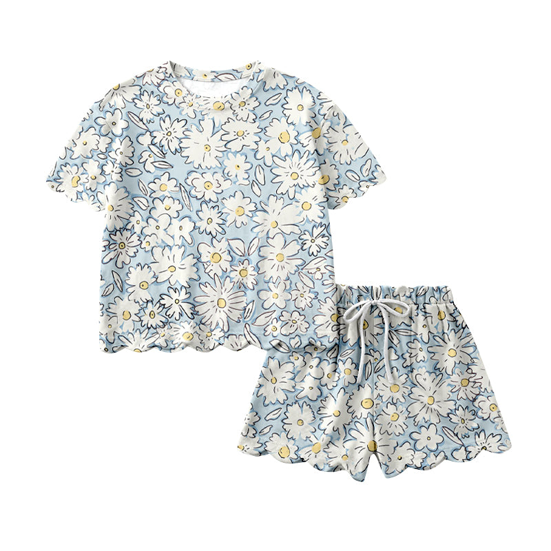 Baby Girls Short Sleeve Daisy Flowers Top Scallop Shorts Clothes Sets Preorder