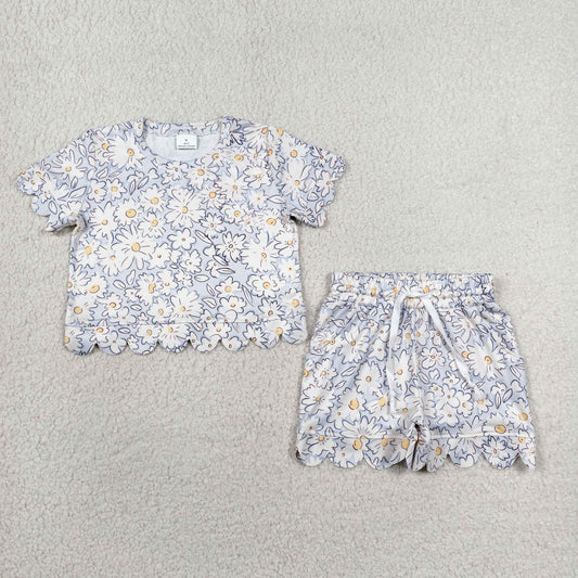 Baby Girls Short Sleeve Daisy Flowers Top Pockets Shorts Scallop Clothes Sets
