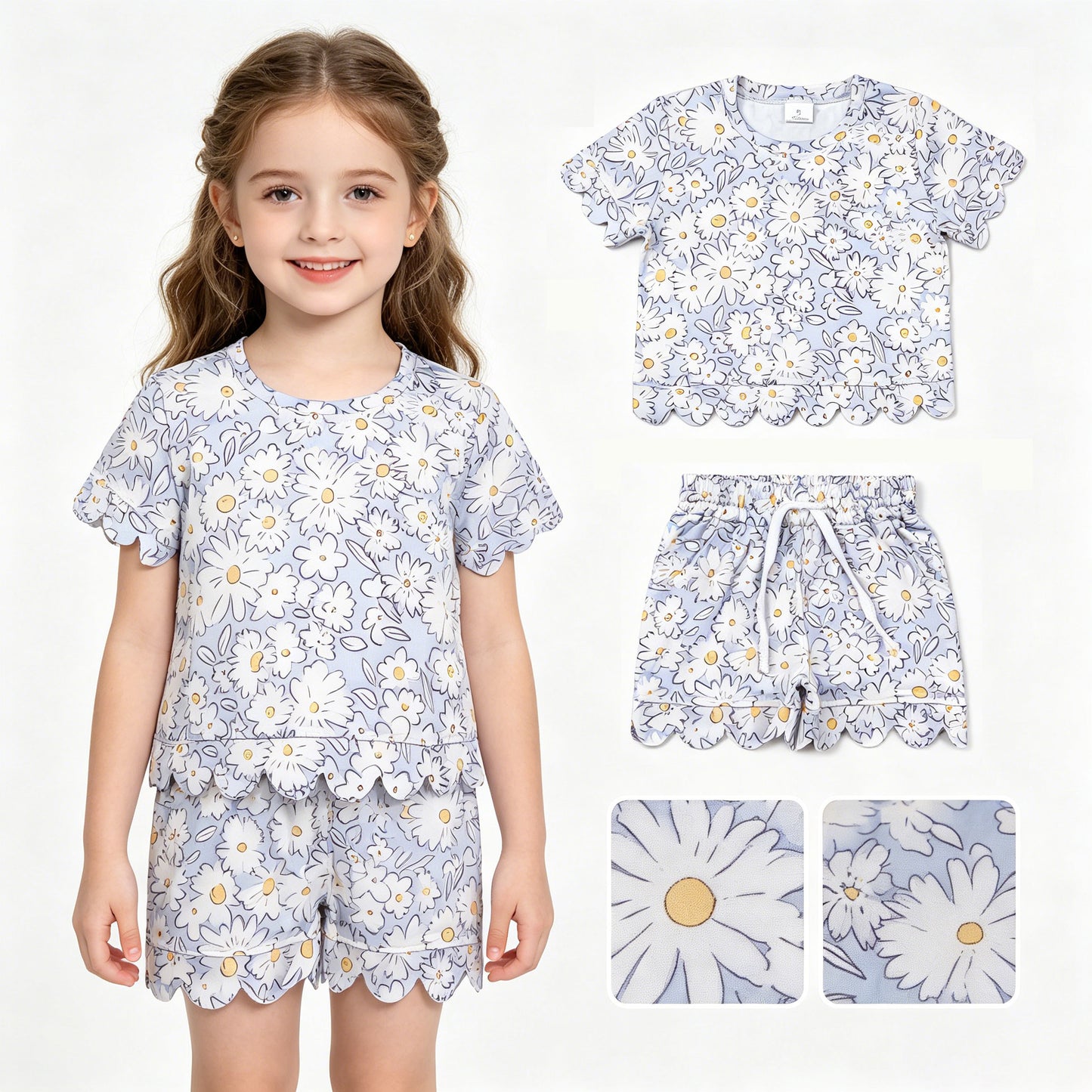 Baby Girls Short Sleeve Daisy Flowers Top Pockets Shorts Scallop Clothes Sets