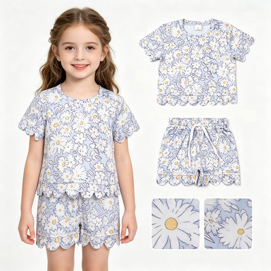 Baby Girls Short Sleeve Daisy Flowers Top Pockets Shorts Scallop Clothes Sets