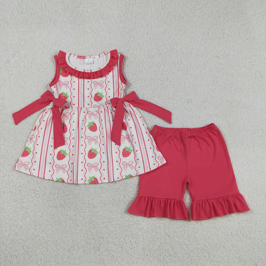 Baby Girls Strawberry Bows Stripe Tunic Ruffle Shorts Clothes Set