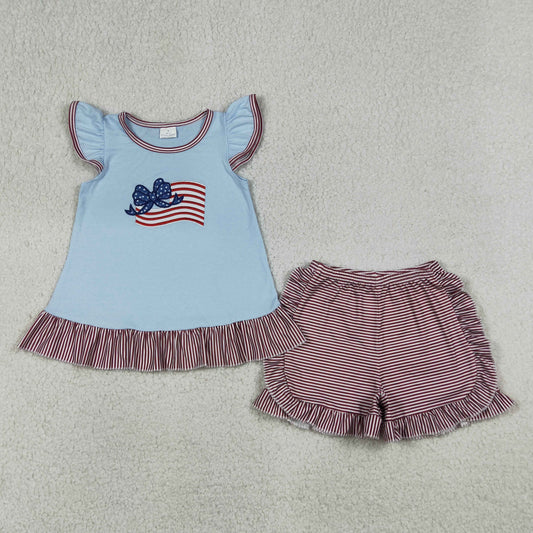 Embroidery Bow Flags Baby Girls Tunic Ruffle Shorts 4th of July Clothes Set