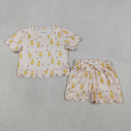 Sibling Baby Girls Colorful Flowers Top Pockets Short Scallop Clothes Sets