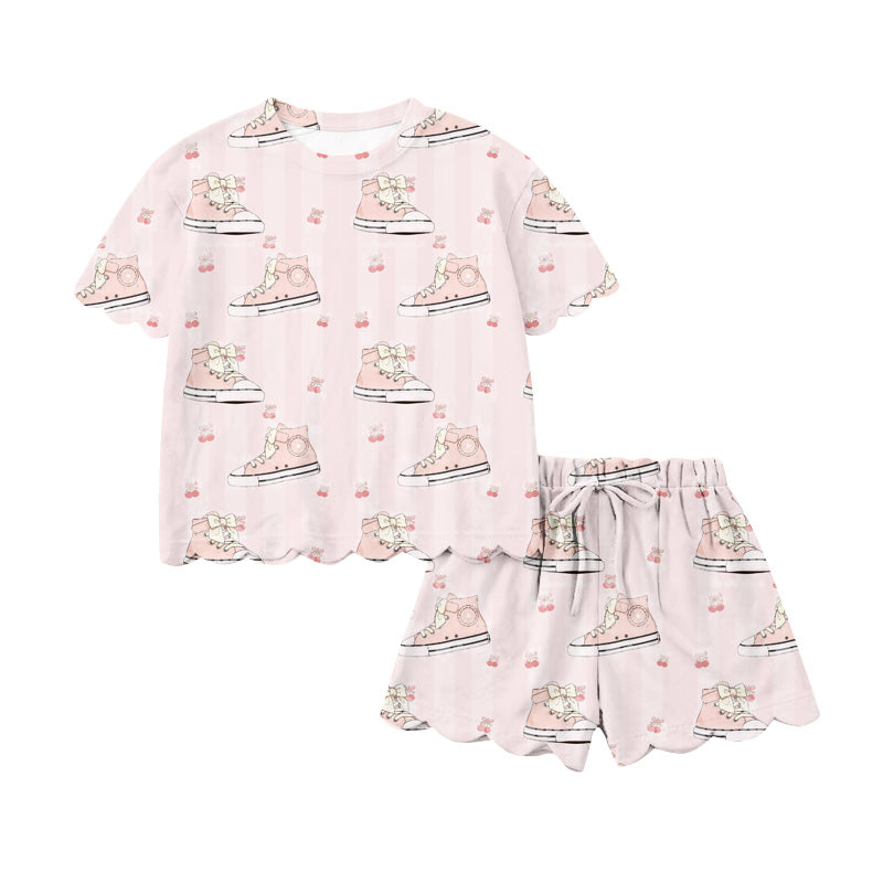 Baby Girls Pink Stripe Cherry Shoes Top Scallop Shorts Clothes Sets Preorder