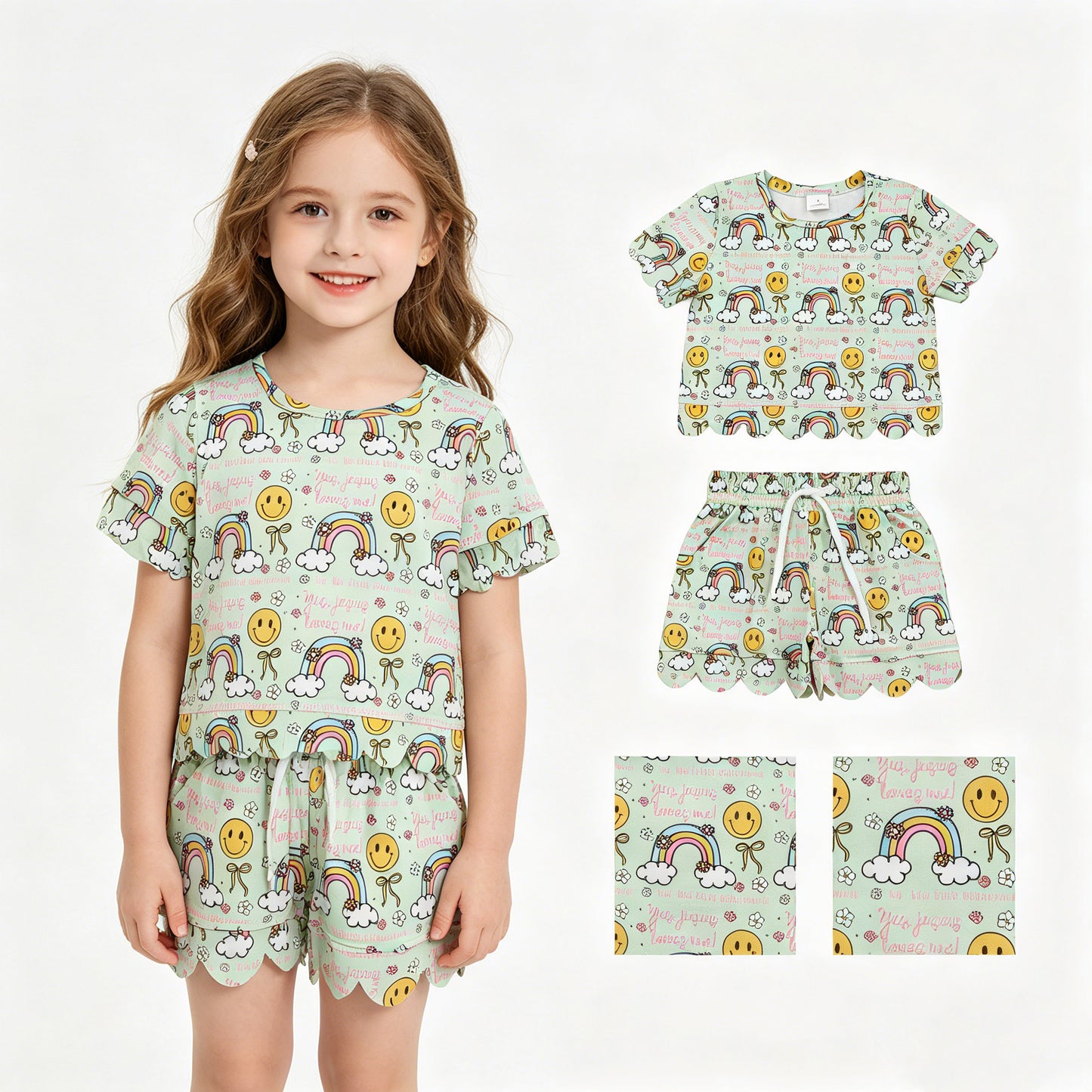 Baby Girls Rainbow Smiles Flowers Top Pockets Shorts Scallop Clothes Sets