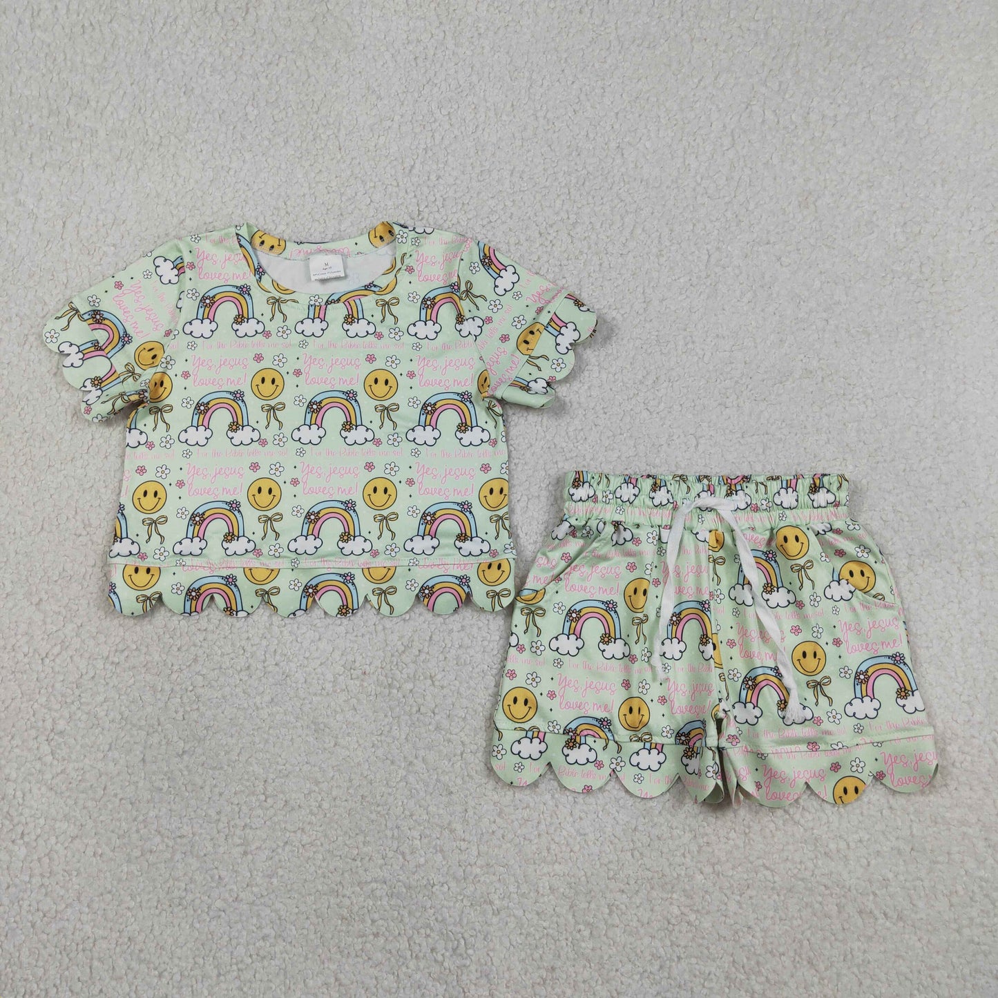Baby Girls Rainbow Smiles Flowers Top Pockets Shorts Scallop Clothes Sets