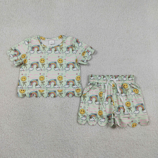 Baby Girls Rainbow Smiles Flowers Top Pockets Shorts Scallop Clothes Sets