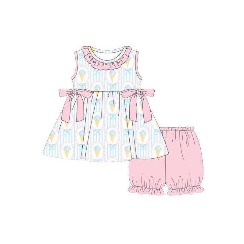 Baby Girls Blue Stripe Bows Ice Creams Collar Tunic Ruffle Shorts Clothes Sets Preorder
