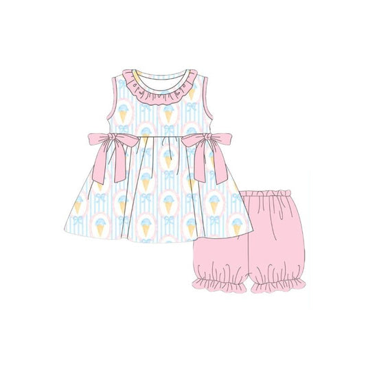 Baby Girls Blue Stripe Bows Ice Creams Collar Tunic Ruffle Shorts Clothes Sets Preorder