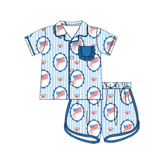 Baby Girls Red Blue Flower Flags Button Pocket Top Short 4th of July Pajamas Sets Preorder