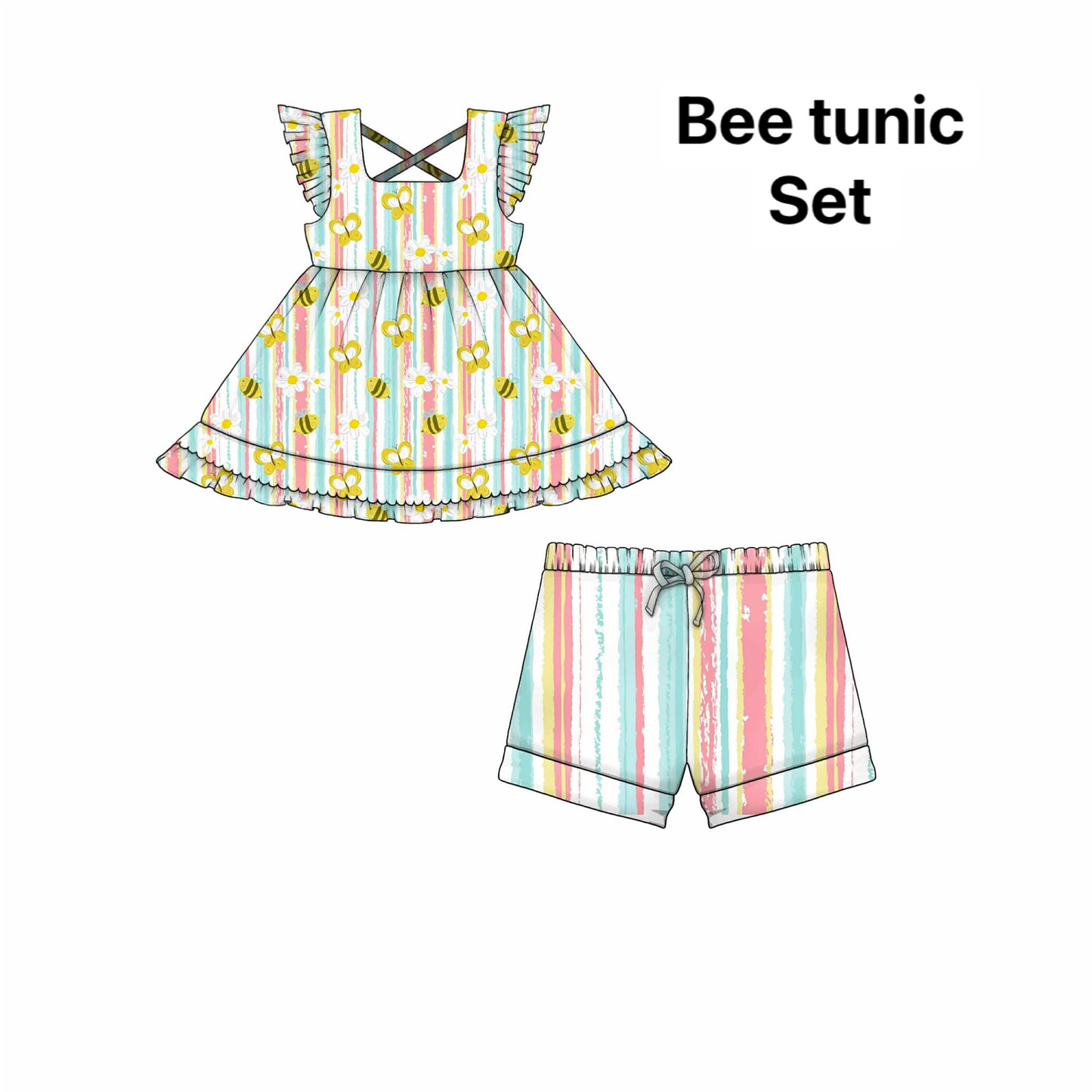 Baby Girls Colorful Stripe Flowers Bees Ruffle Tunic Shorts Clothes Sets Preorder