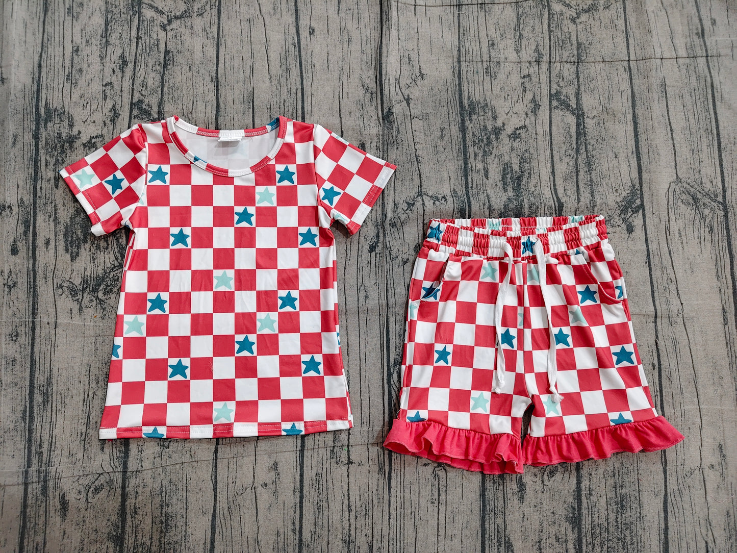 Baby Girls Red Checked Stars Top Pockets Ruffle Shorts 4th of July Clothes Sets
