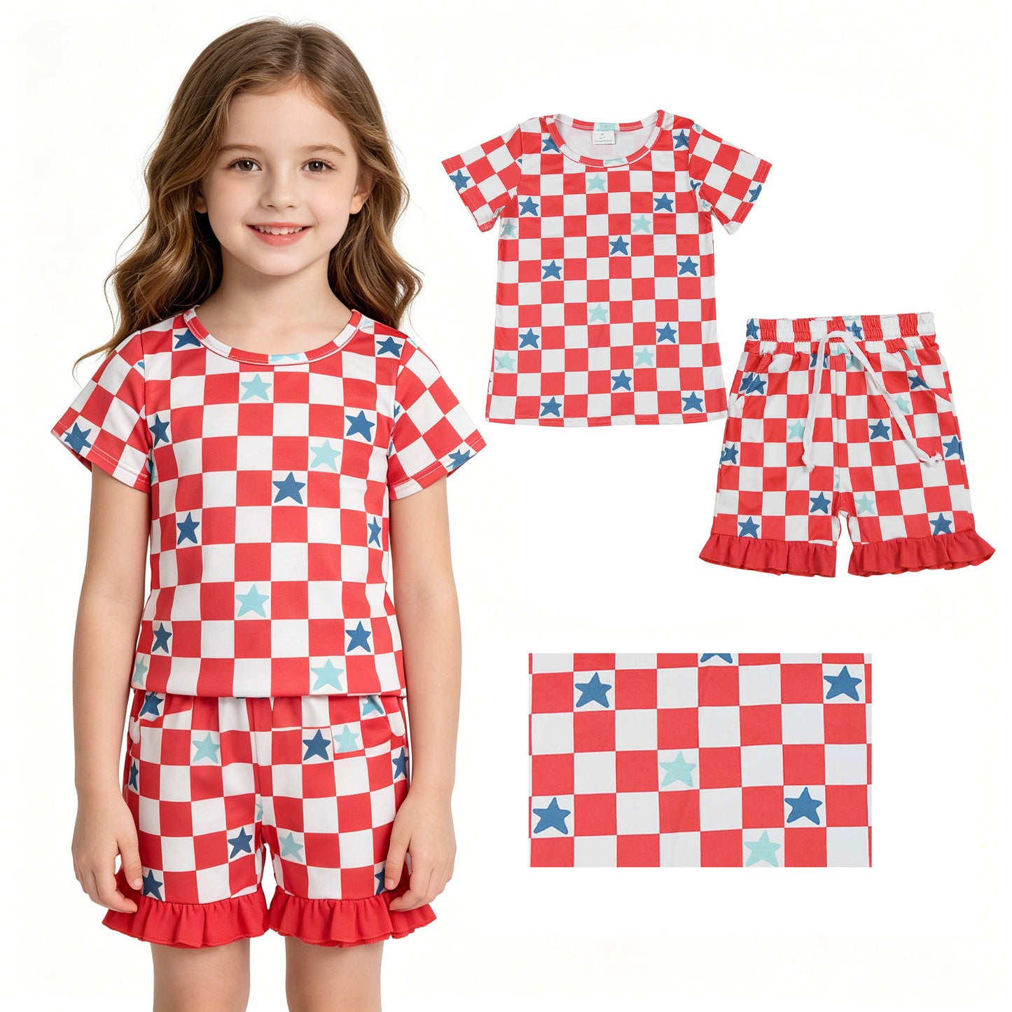 Baby Girls Red Checked Stars Top Pockets Ruffle Shorts 4th of July Clothes Sets