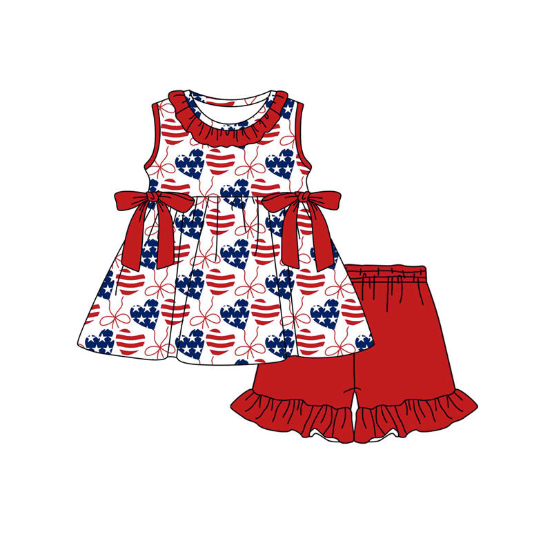 Baby Girls Red Blue Bow Flag Hearts Tunic Ruffle Short 4th of July Clothes Sets Preorder