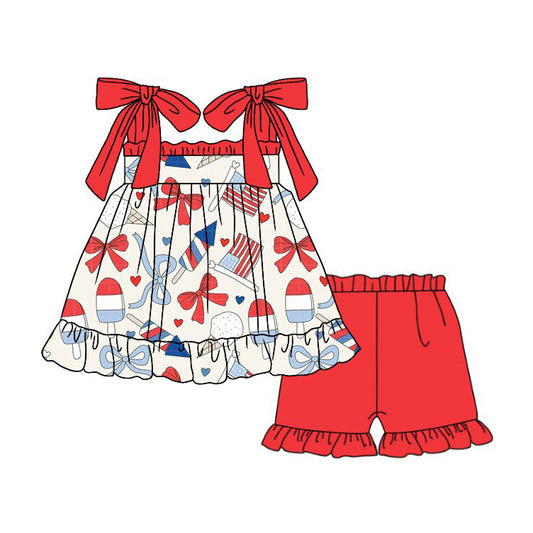 Baby Girls Strap Red Blue Bows Popsicle Tunic Ruffle Short 4th of July Clothes Sets Preorder