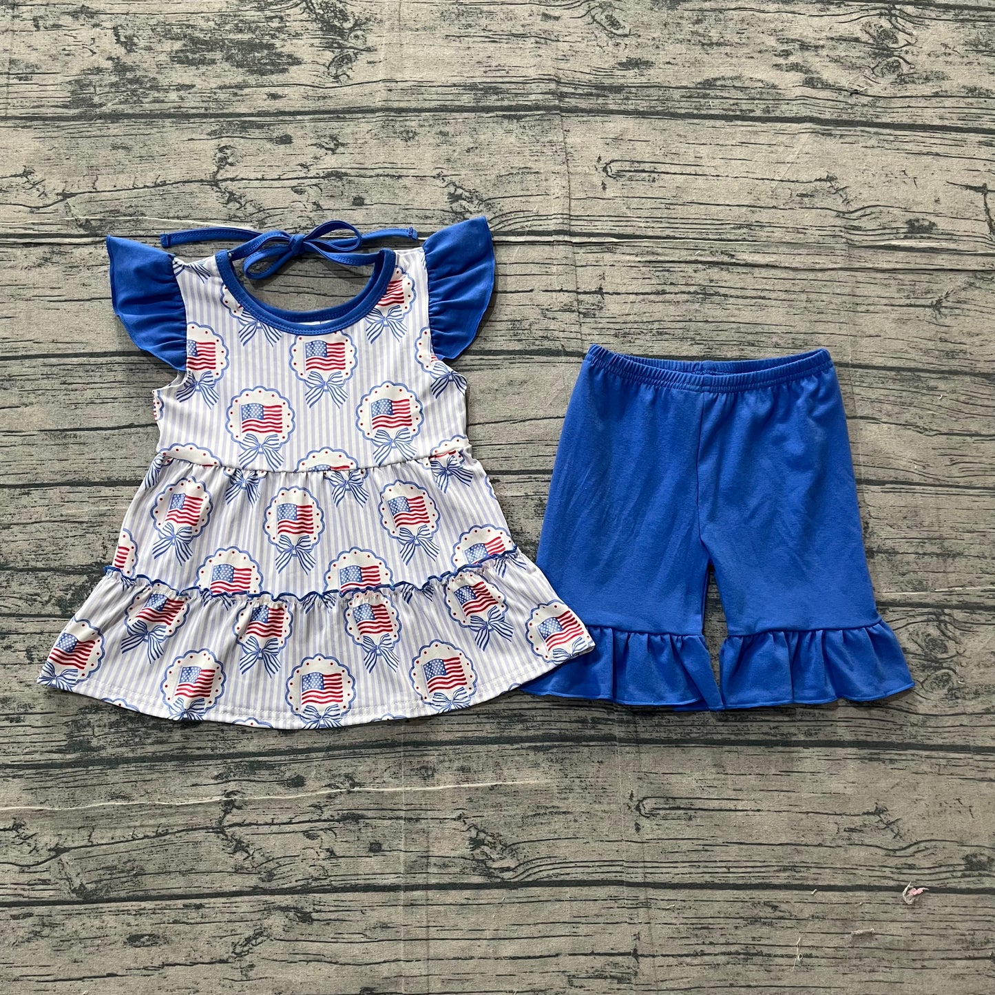Baby Girls Blue Stripe Bows Flags Tunic Ruffle Short 4th of July Clothes Sets