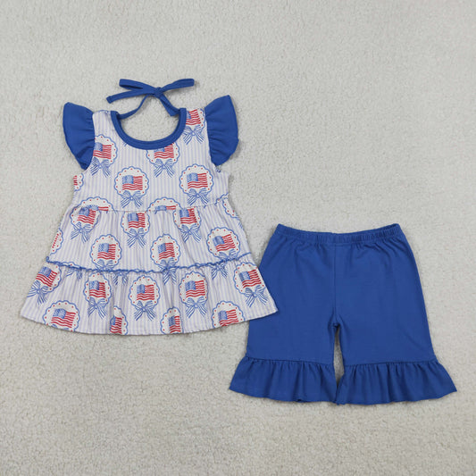 Baby Girls Blue Stripe Bows Flags Tunic Ruffle Short 4th of July Clothes Sets