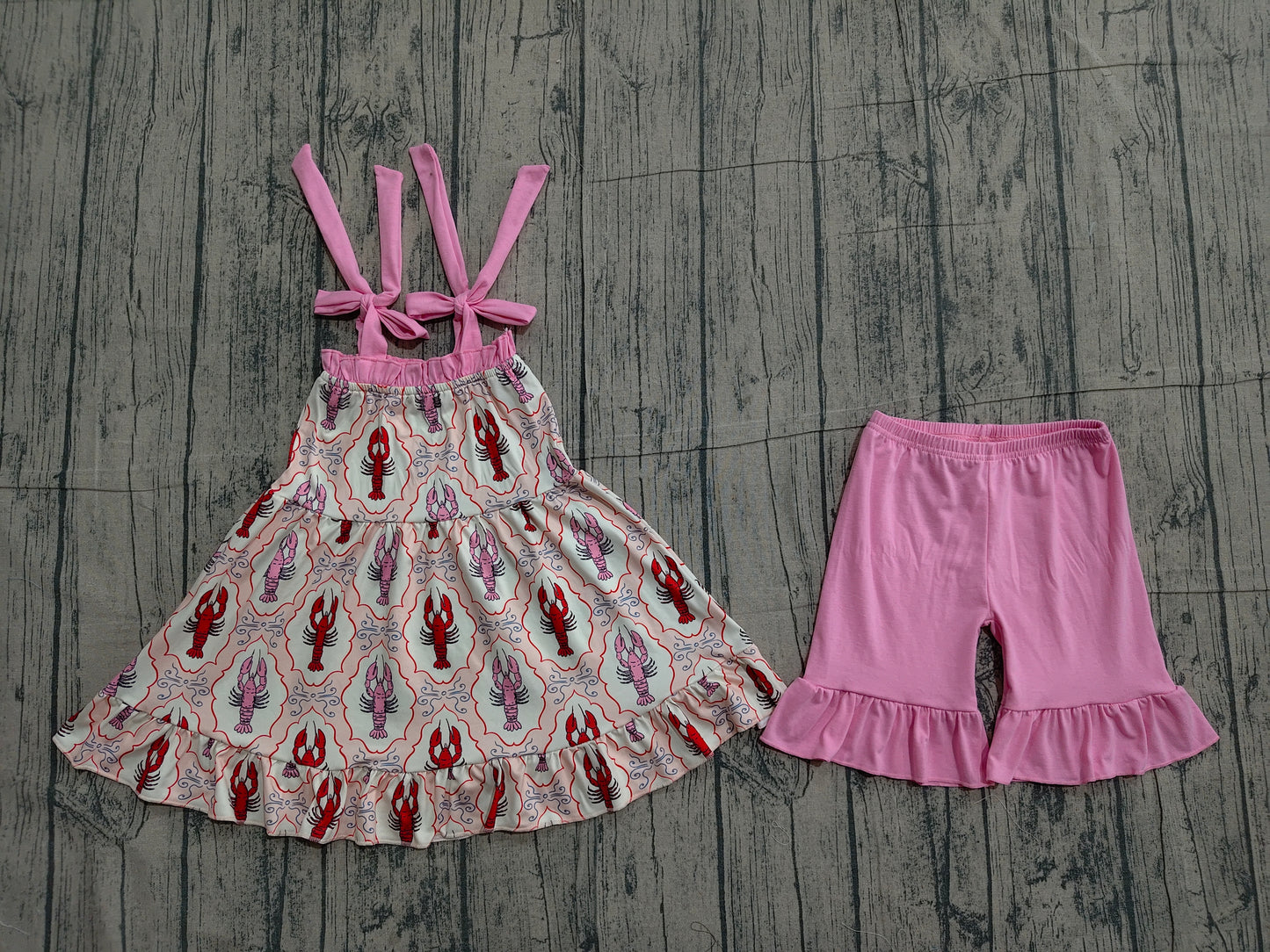 Baby Girls Strap Bows Crayfishes Checked Tunic Ruffle Shorts Clothes Sets