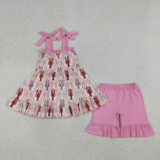 Baby Girls Strap Bows Crayfishes Checked Tunic Ruffle Shorts Clothes Sets
