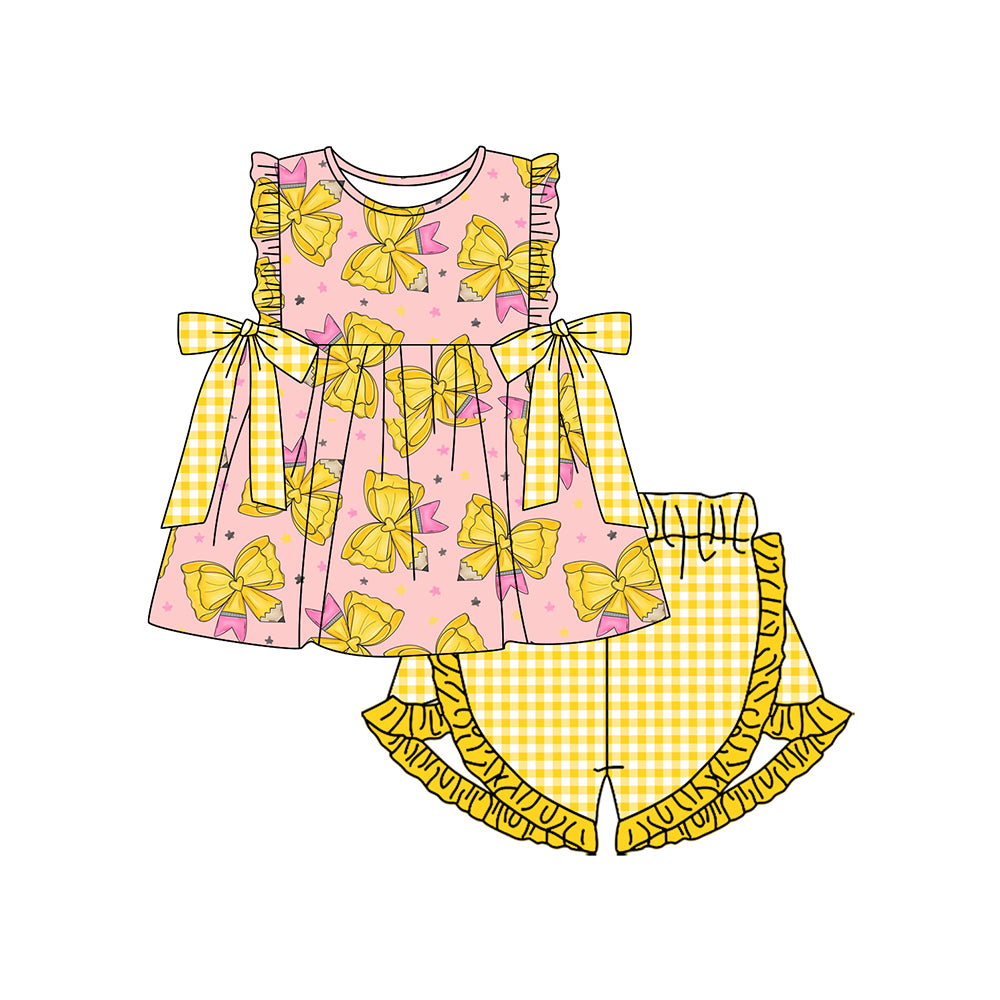 Baby Girls Pencils Bows Tunic Checked Ruffle Short Back to School Clothes Sets Preorder