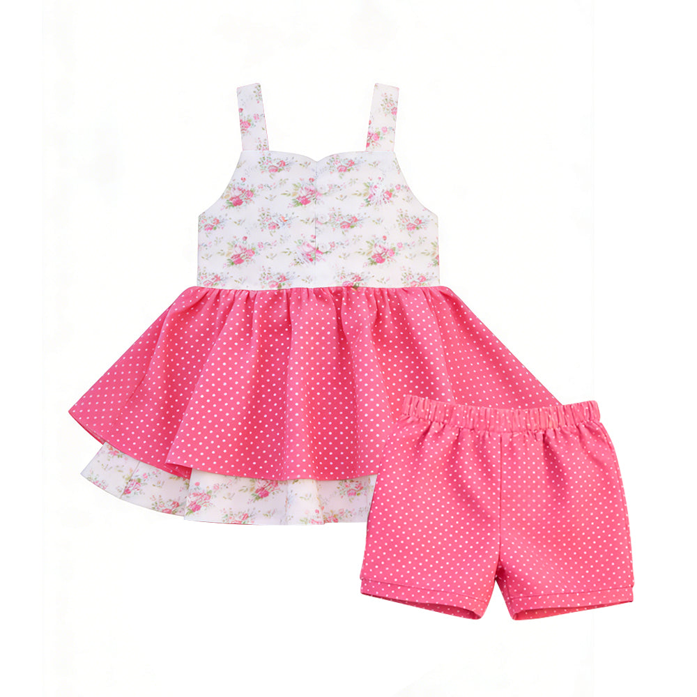 Baby Girls Strap Flowers Polka Dots Button Tunic Shorts Clothes Sets Preorder