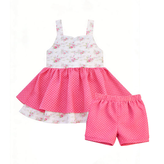 Baby Girls Strap Flowers Polka Dots Button Tunic Shorts Clothes Sets Preorder