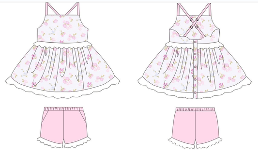Baby Girls Strap Flowers Button Tunic Pockets Ruffle Shorts Clothes Sets Preorder