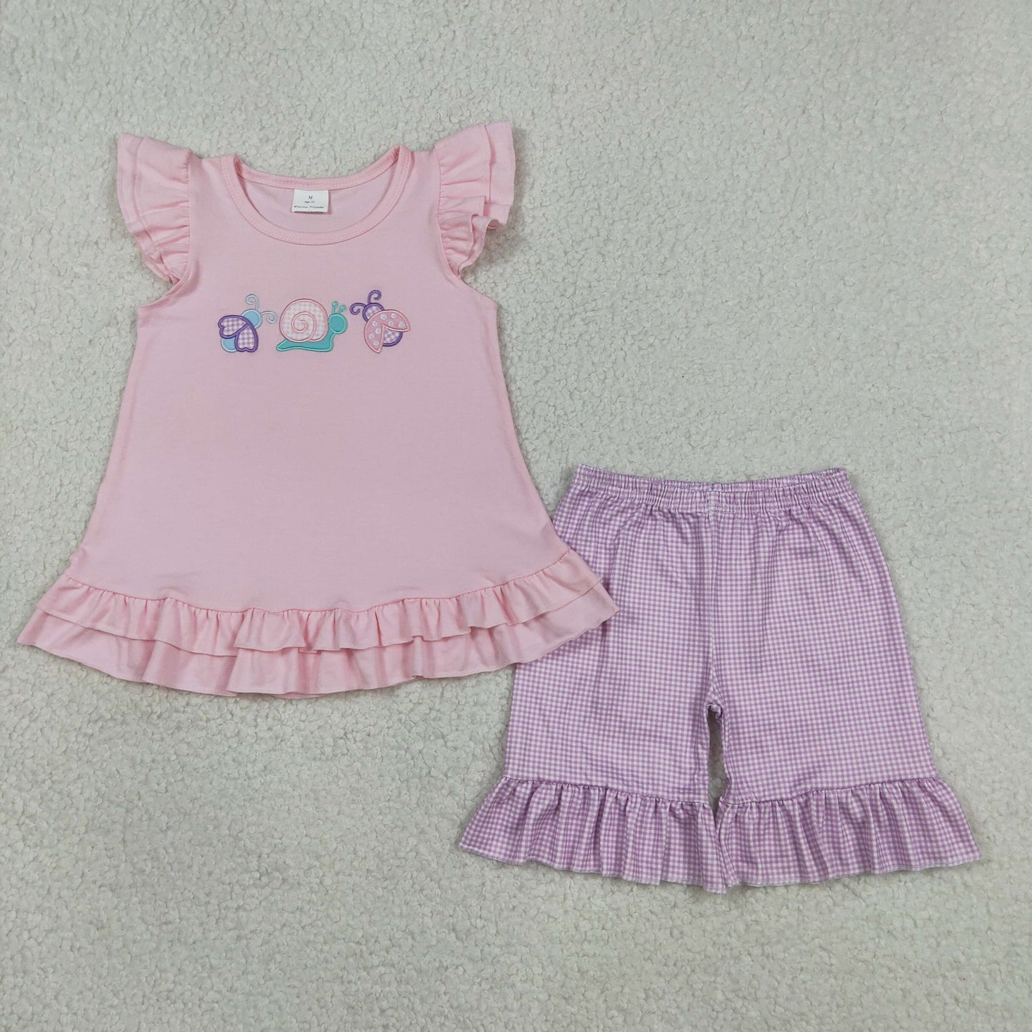 Embroidery Ladybirds Snails Baby Girls Tunic Ruffle Shorts Clothes Sets