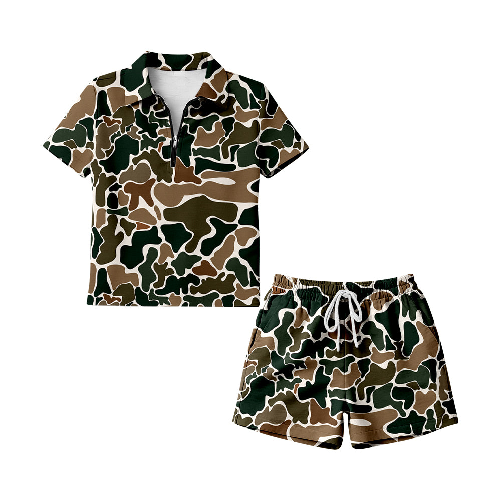 Adult Women Southern Dark Brown Camo Zip Pullovers Pockets Short Clothes Sets Preorder
